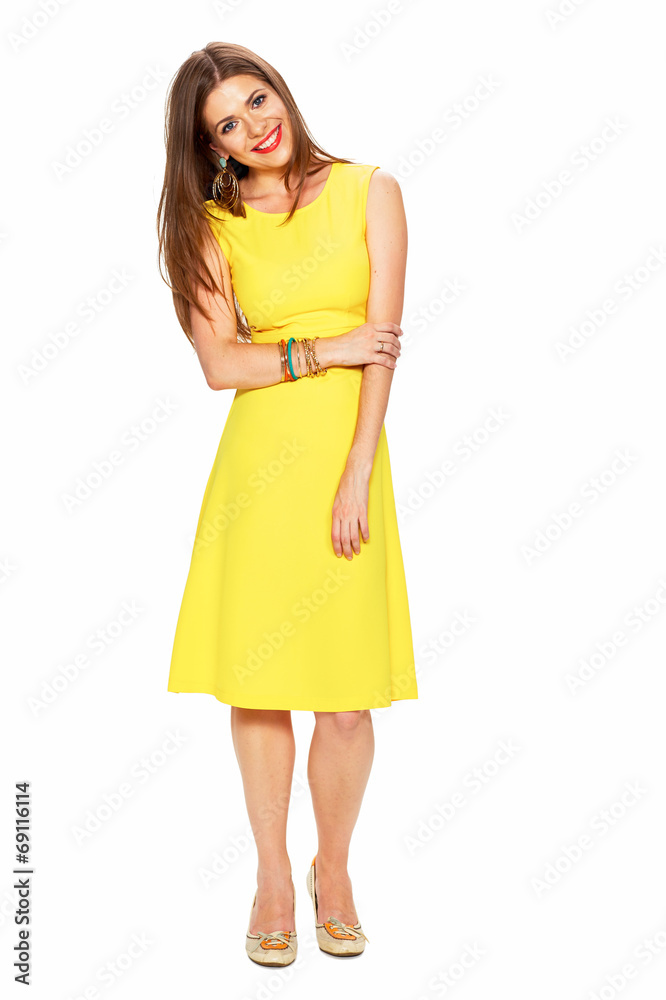 Ellow dress. White background. Young woman fashion style portra Ellow dress. White background. Young woman fashion style portra