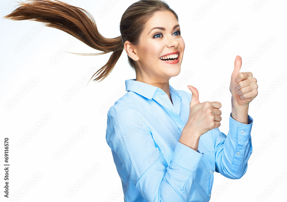 Portrait of smiling business woman show Thumb Up. motion hair. Portrait of smiling business woman show Thumb Up. motion hair.