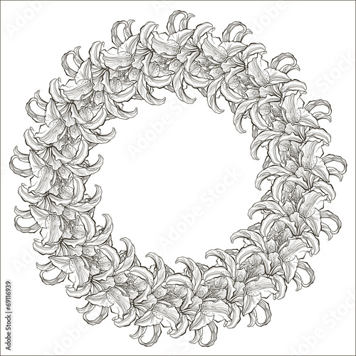 Floral monochrome round frame with lilies. Flower background can