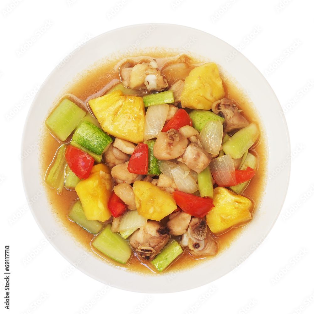 Sweet and sour sauce fried with chicken (top view),Thai recipe Sweet and sour sauce fried with chicken (top view),Thai recipe