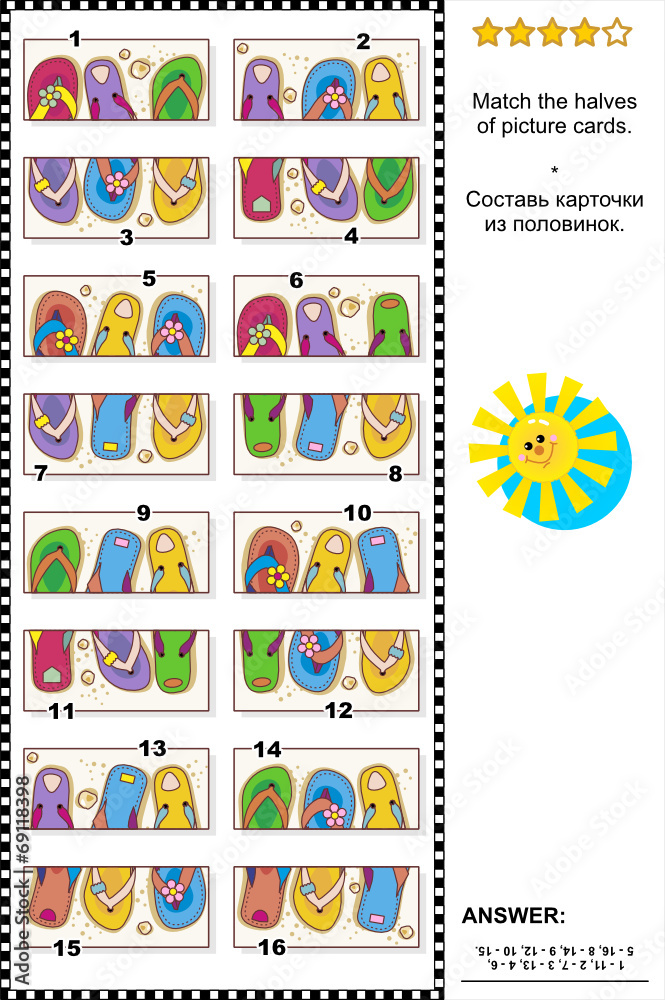 Visual puzzle - match the halves - colorful flip-flops