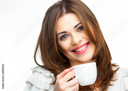 woman with coffee cup isolated