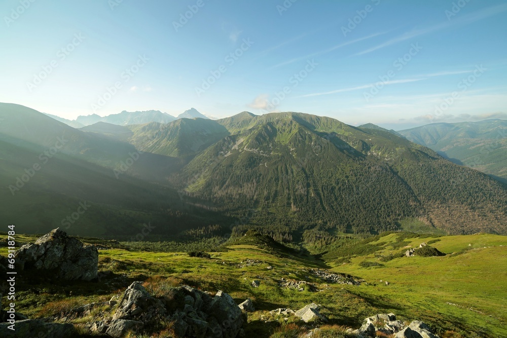 Carpathian Mountains seen from a trail on a sunny morning, Poland