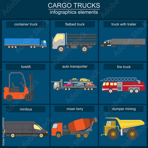 Set of elements cargo transportation: trucks, lorry for creating