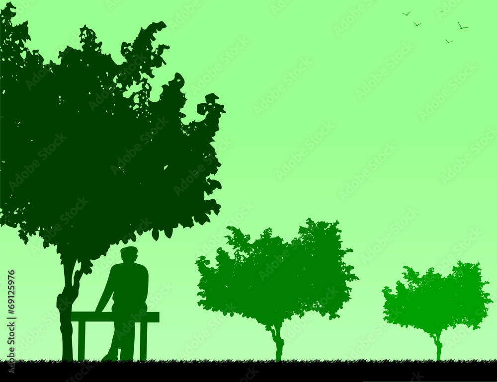 Fototapeta Very old grandpa sitting on bench in park silhouette