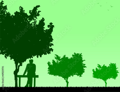 Very old grandpa sitting on bench in park silhouette