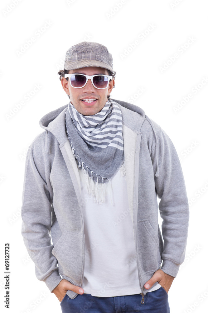 modern fashion man in sweatshirt wearing cap and scarf with sung modern fashion man in sweatshirt wearing cap and scarf with sung