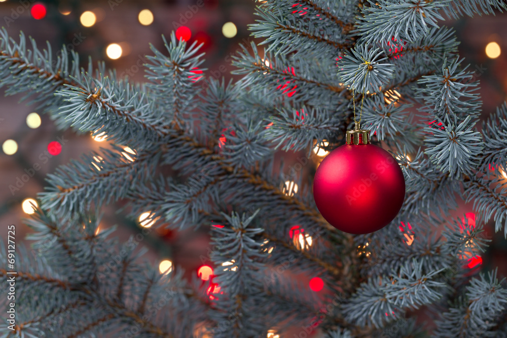 Single Red Ornament hanging from pine tree with glowing lights for ...