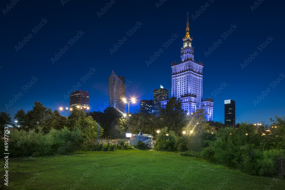 Night view of Warsaw city downtown