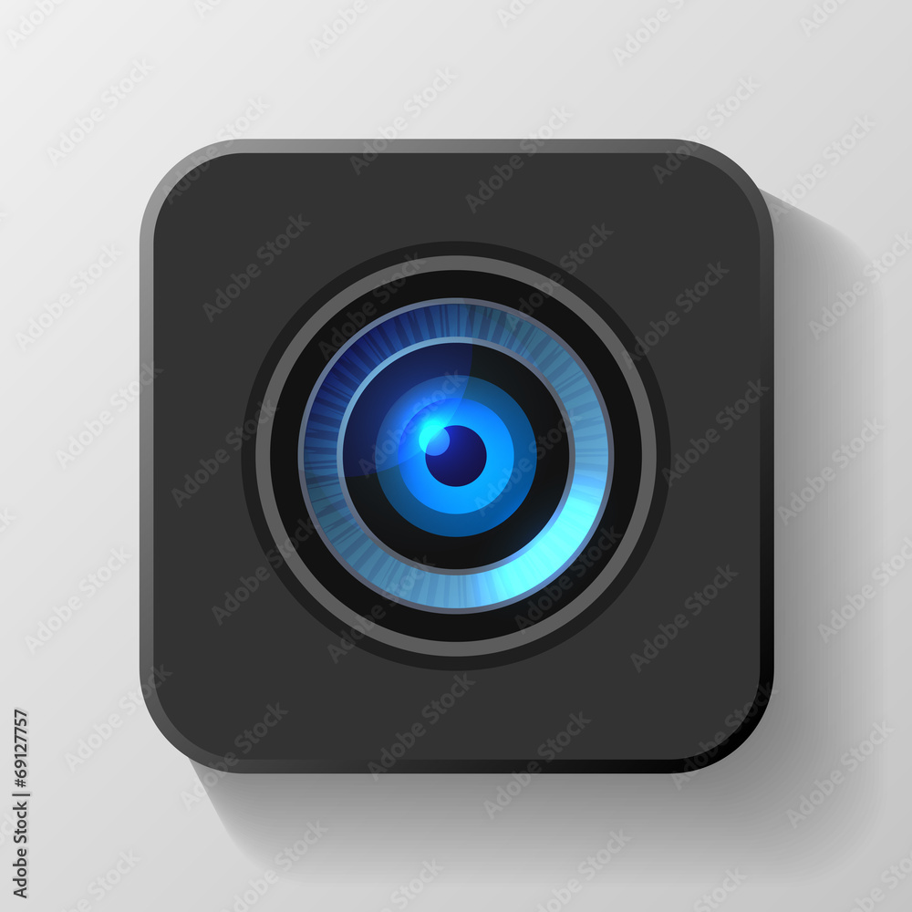 Blue Camera Lens Icon on Black. Vector