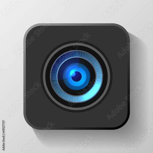 Blue Camera Lens Icon on Black. Vector