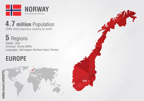 Obraz na plátně Norway world map with a pixel diamond texture.