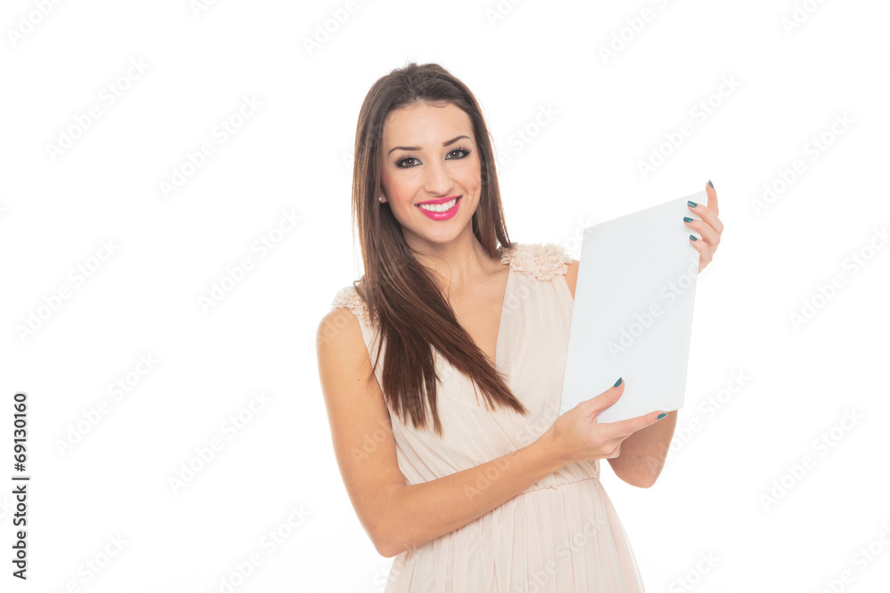 Attractive young woman holds an empty white board Attractive young woman holds an empty white board