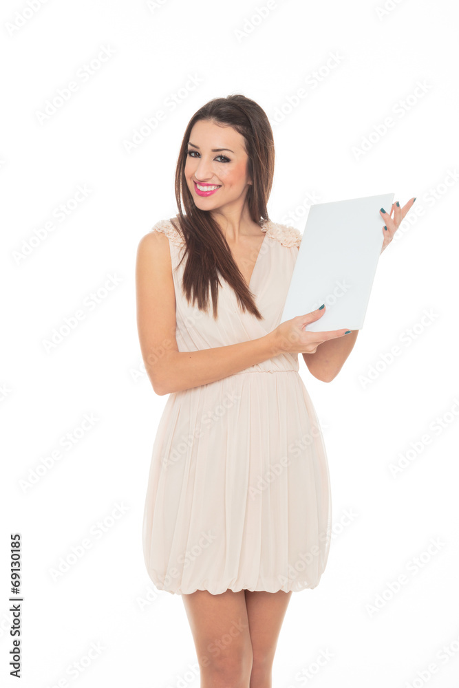 Attractive young woman holds an empty white board Attractive young woman holds an empty white board
