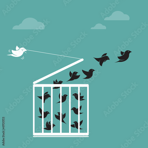 Vector of bird in the cage and outside the cage. Freedom. Animals.