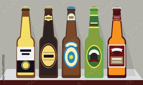 Bottles of beers with caps on a shelf, Set 1