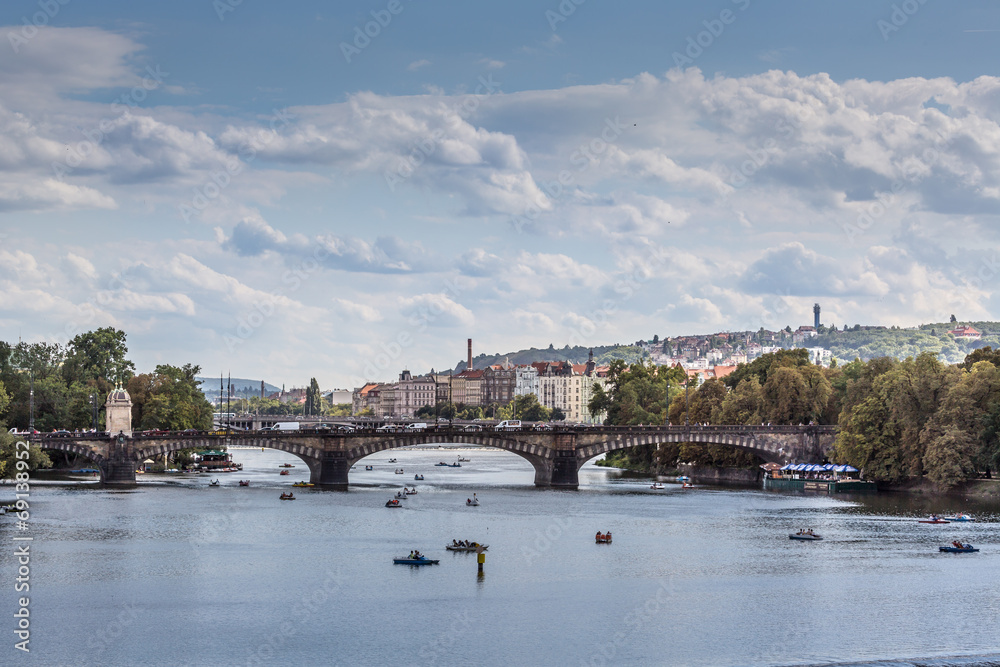 Vltava river and bridges in Prague bird view panorama