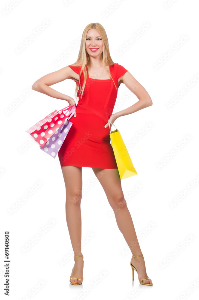 Young woman after shopping isolated on the white Young woman after shopping isolated on the white
