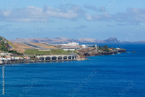 Aerial view Funchal airport Madeira seen from the sea