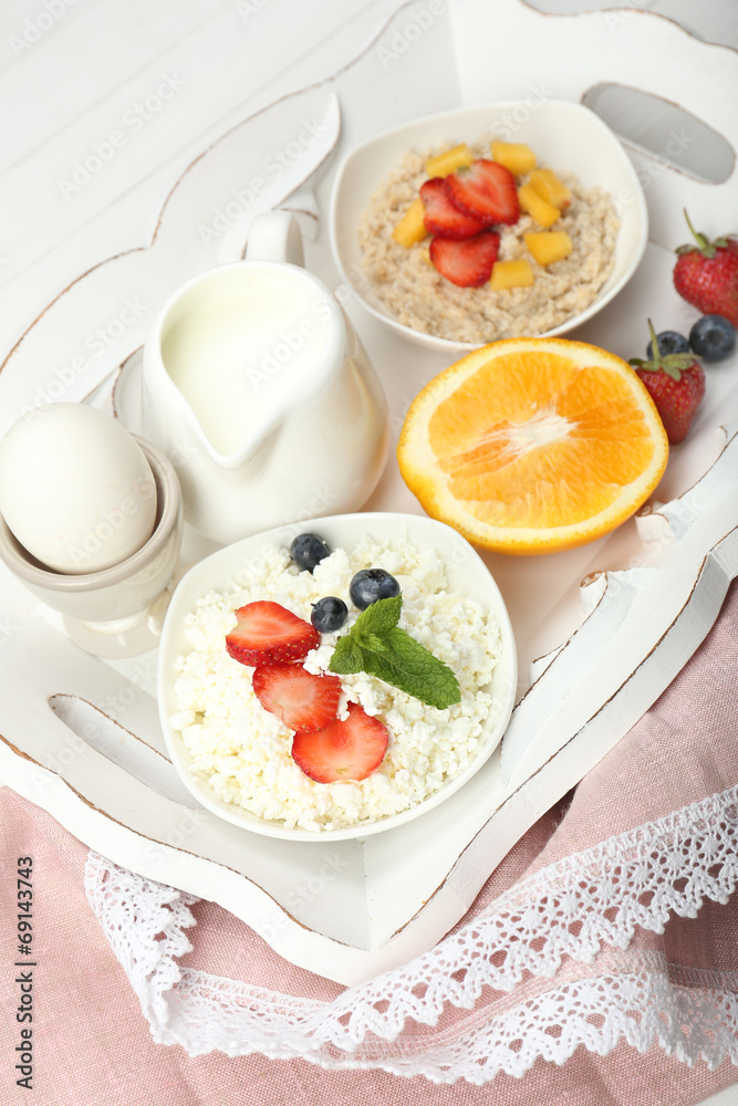 Delicious breakfast on table, close up Delicious breakfast on table, close up