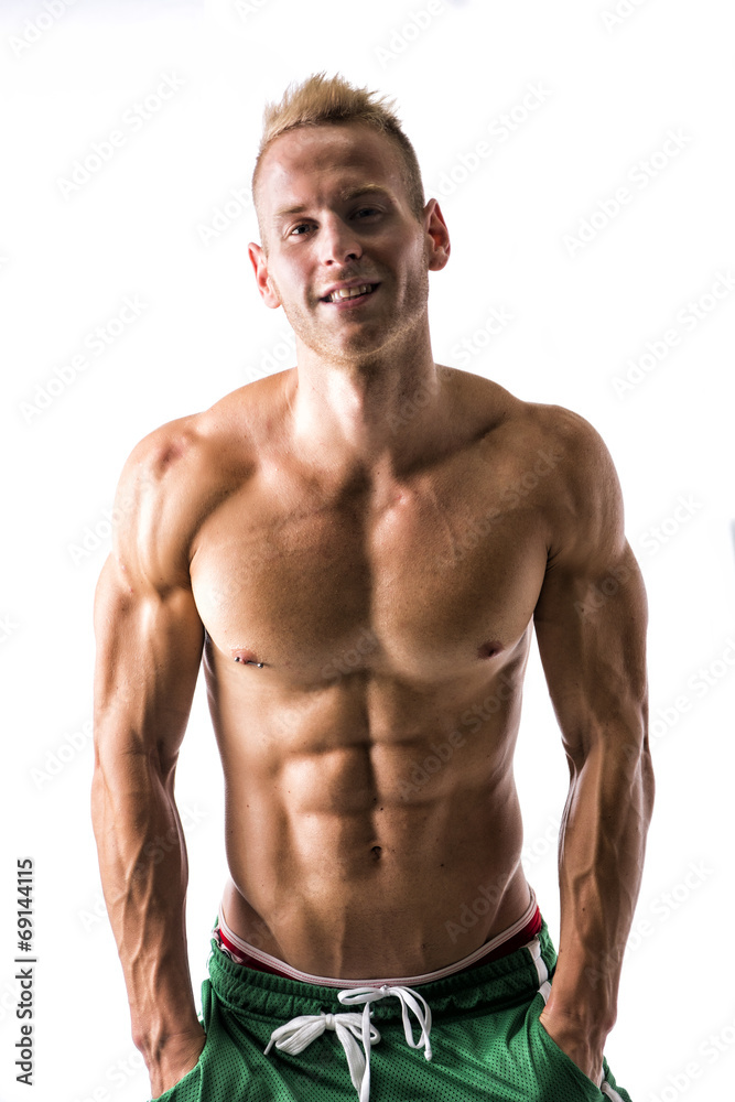 Sexy muscular blond shirtless male model smiling Sexy muscular blond shirtless male model smiling