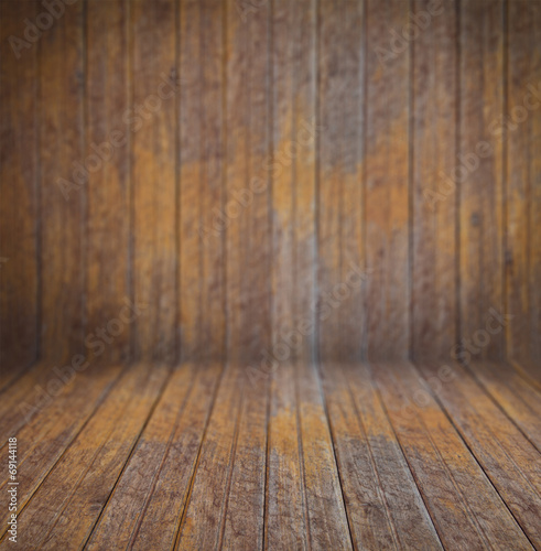 Empty old wooden interior with back defocus for your design