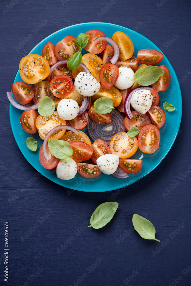 Salad with tomatoes, mozzarella, basil and onion, above view Salad with tomatoes, mozzarella, basil and onion, above view
