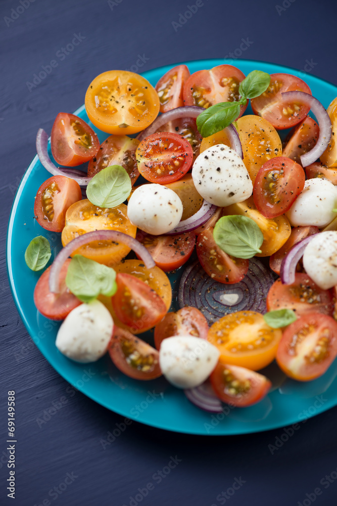 Vegetable salad with mozzarella, close-up, vertical shot Vegetable salad with mozzarella, close-up, vertical shot