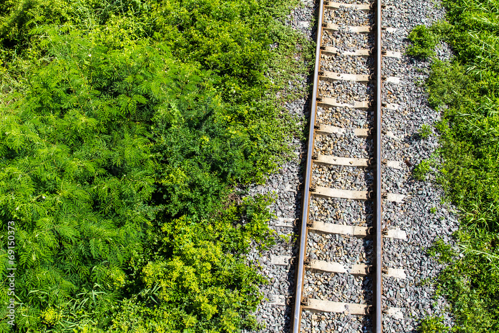 View above the railroad tracks with grass growing on the side View above the railroad tracks with grass growing on the side