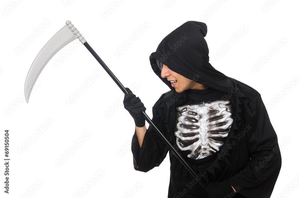 Scary monster with scythe isolated on white Scary monster with scythe isolated on white