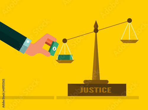 Justice scales with Money. Corruption Concept. flat design