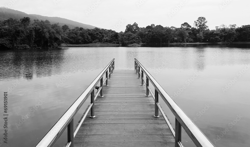 stainless steel bridge or pier at lake