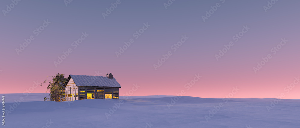 Fototapeta premium Winter snow landscape at sunset with solitude cabin.