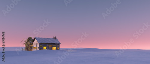 Winter snow landscape at sunset with solitude cabin.