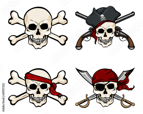 Vector  Cartoon Pirate Skull in Red Bandana with Cross Swords © nikiteev