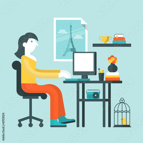 Flat design vector illustration of woman working on computer