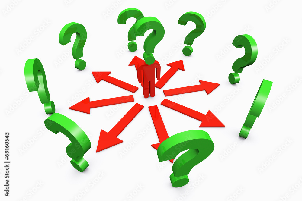 Conceptual question mark human standing around with question mar Conceptual question mark human standing around with question mar