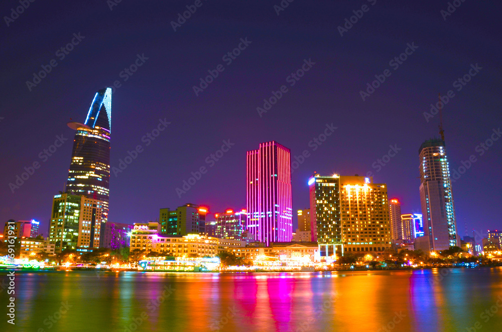 Saigon Riverside view at evening, Ho Chi Minh city - obrazy, fototapety, plakaty 