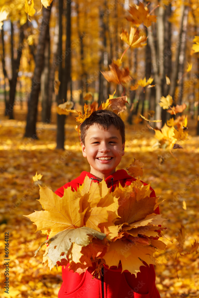 happy smiling boy with autumn leaves happy smiling boy with autumn leaves