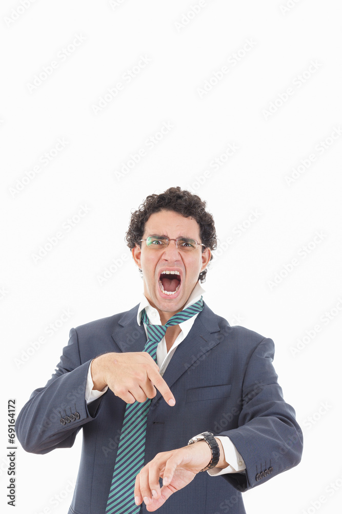 expressive angry businessman with galsses late for work expressive angry businessman with galsses late for work
