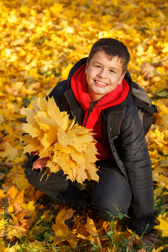 happy smiling boy with autumn leaves