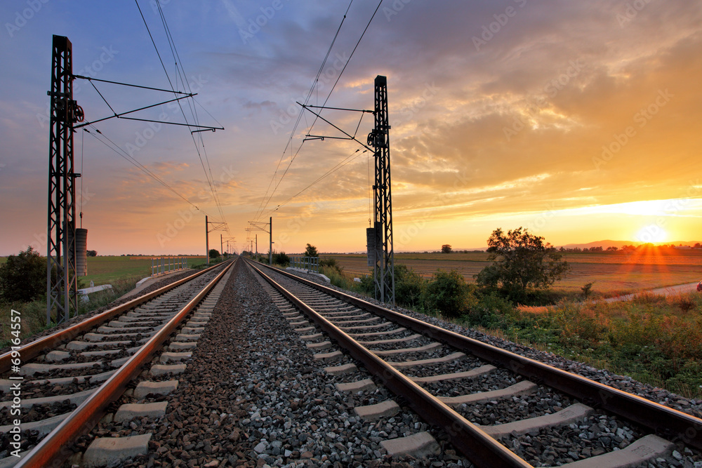 Dramatic sunset over railroad