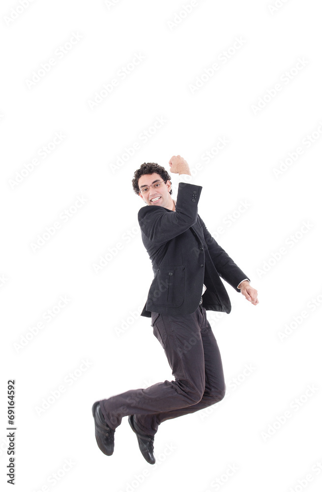 happy caucasian businessman jumping in the air