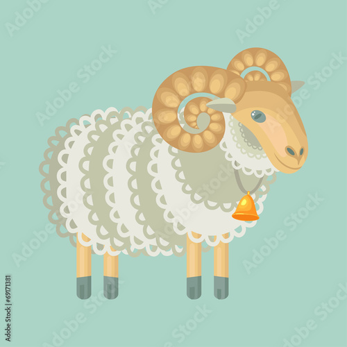 curly sheep with bell isolated
