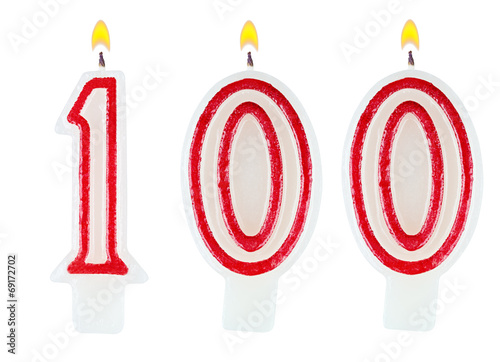 Birthday candles number one hundred isolated on white background