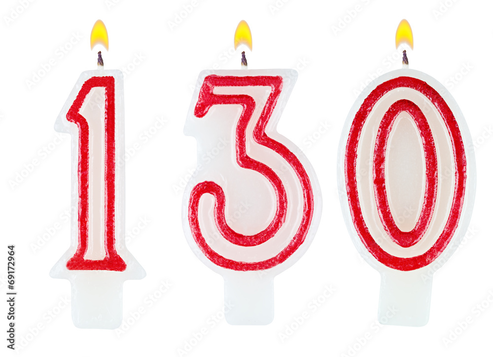 candles number one hundred thirty isolated on white background candles number one hundred thirty isolated on white background