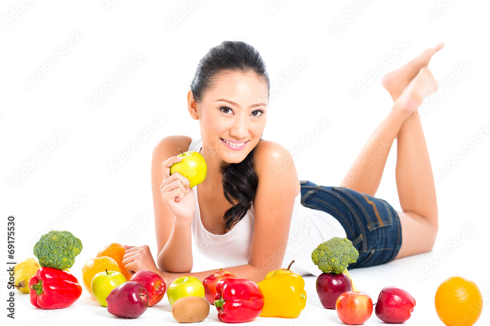 Asian Chinese woman eating fresh fruit Asian Chinese woman eating fresh fruit