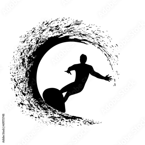 silhouette of the surfer on an ocean wave in style grunge