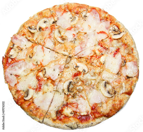 Pizza with mushrooms cheese and ham isolated on white background