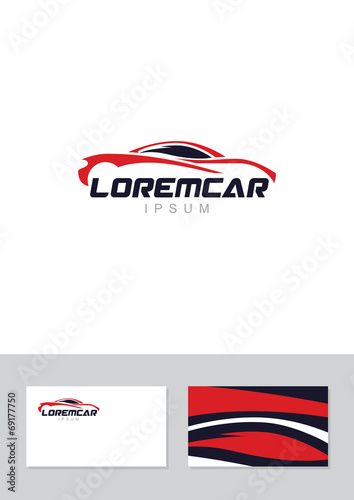 Car abstract lines vector logo design concept with business card